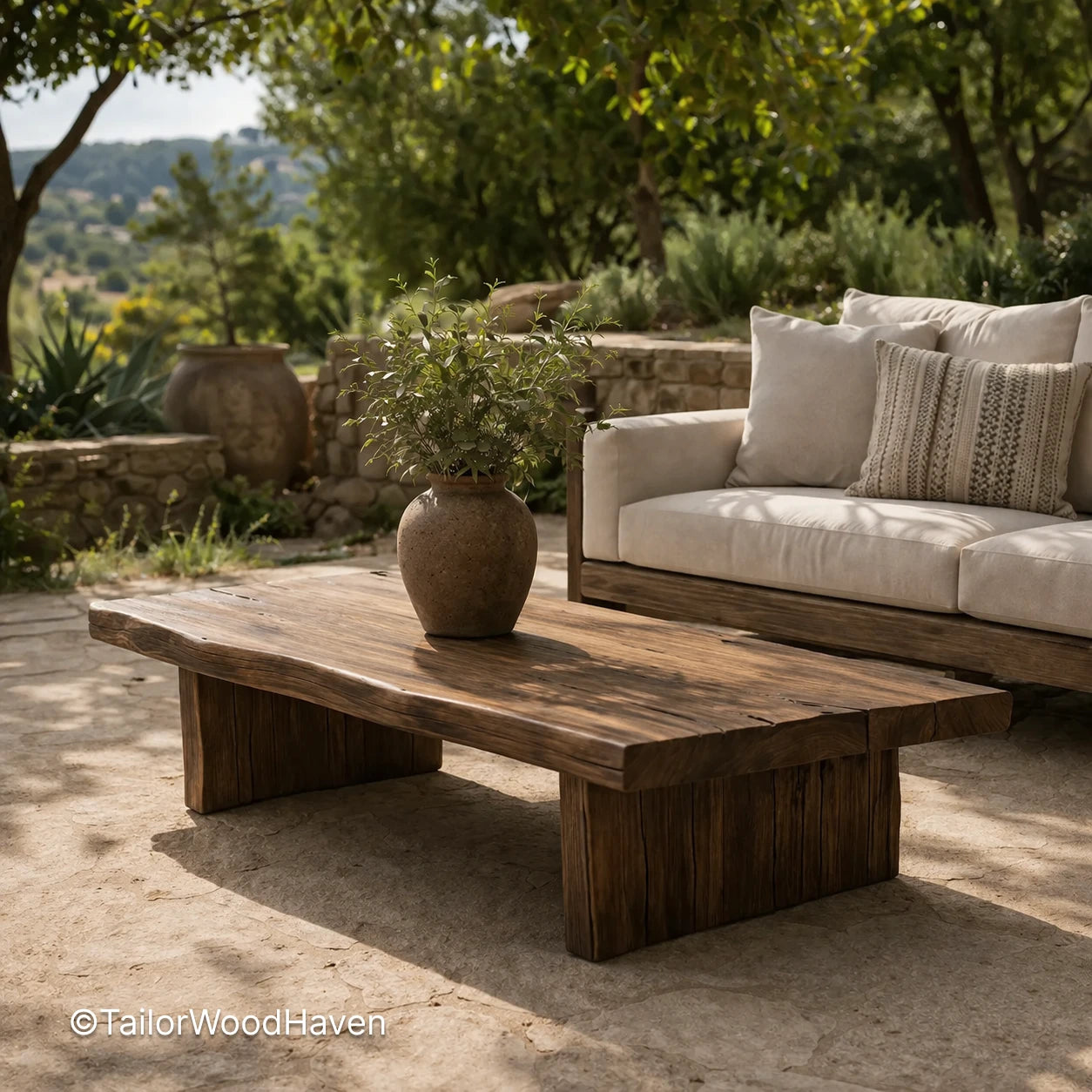 Rustic square coffee table with visible wood grain and warm natural look