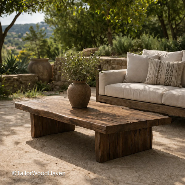 Rustic square coffee table with visible wood grain and warm natural look