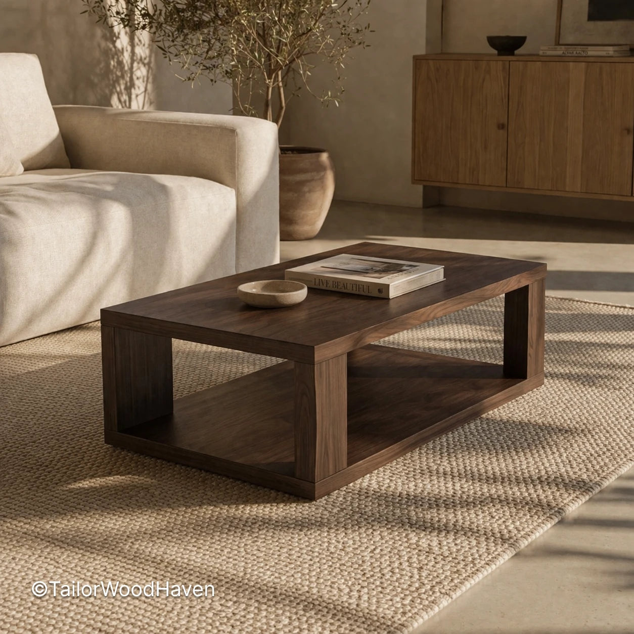 Dark solid wood coffee table with clean edges and smooth finish