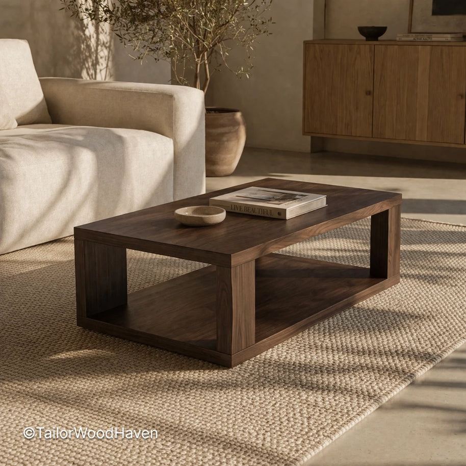 Dark solid wood coffee table with clean edges and smooth finish