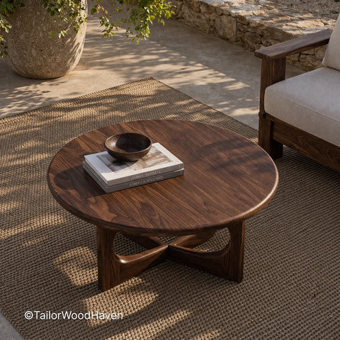 Round mid century coffee table with solid wood and natural grain