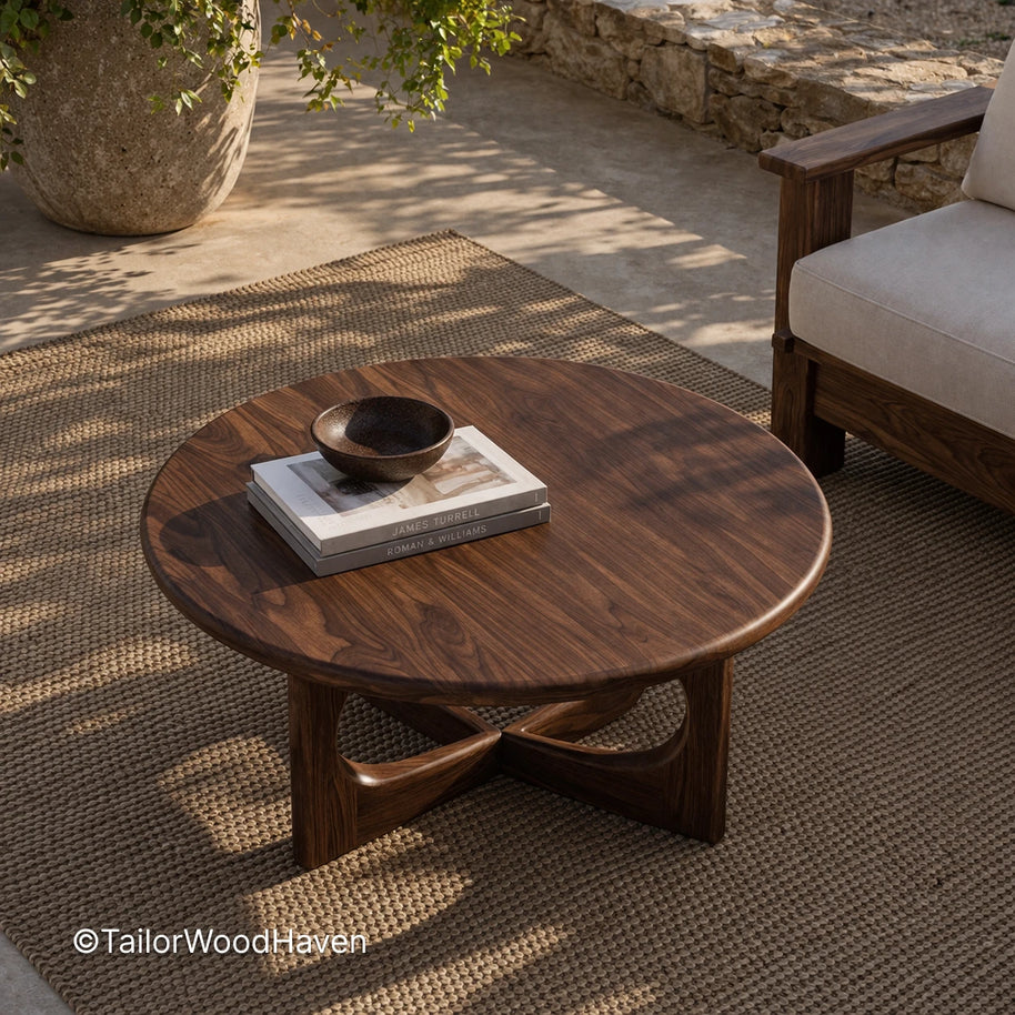 Round mid century coffee table with solid wood and natural grain
