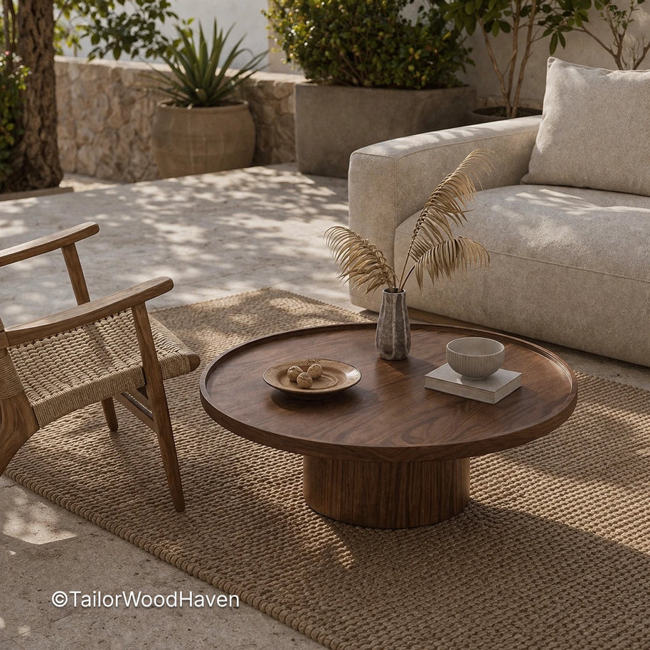 Modern round coffee table with solid wood construction and natural grain