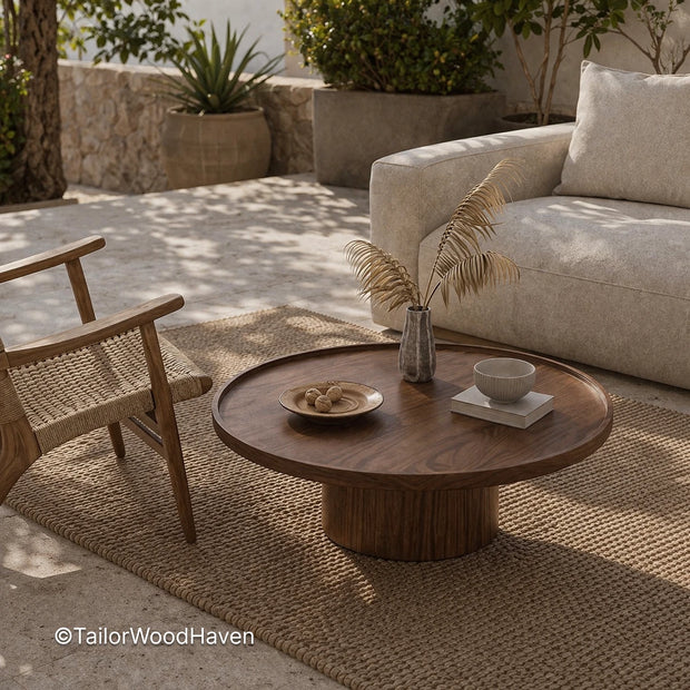 Modern round coffee table with solid wood construction and natural grain