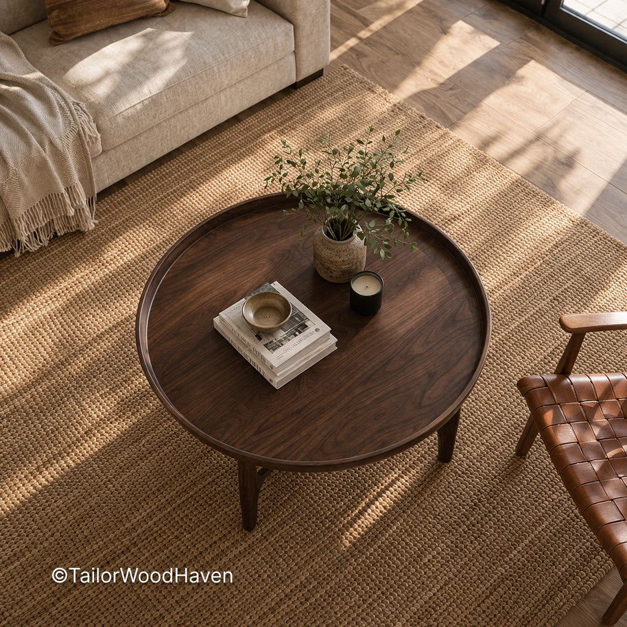 Round dark solid wood coffee table with clean edges and smooth finish