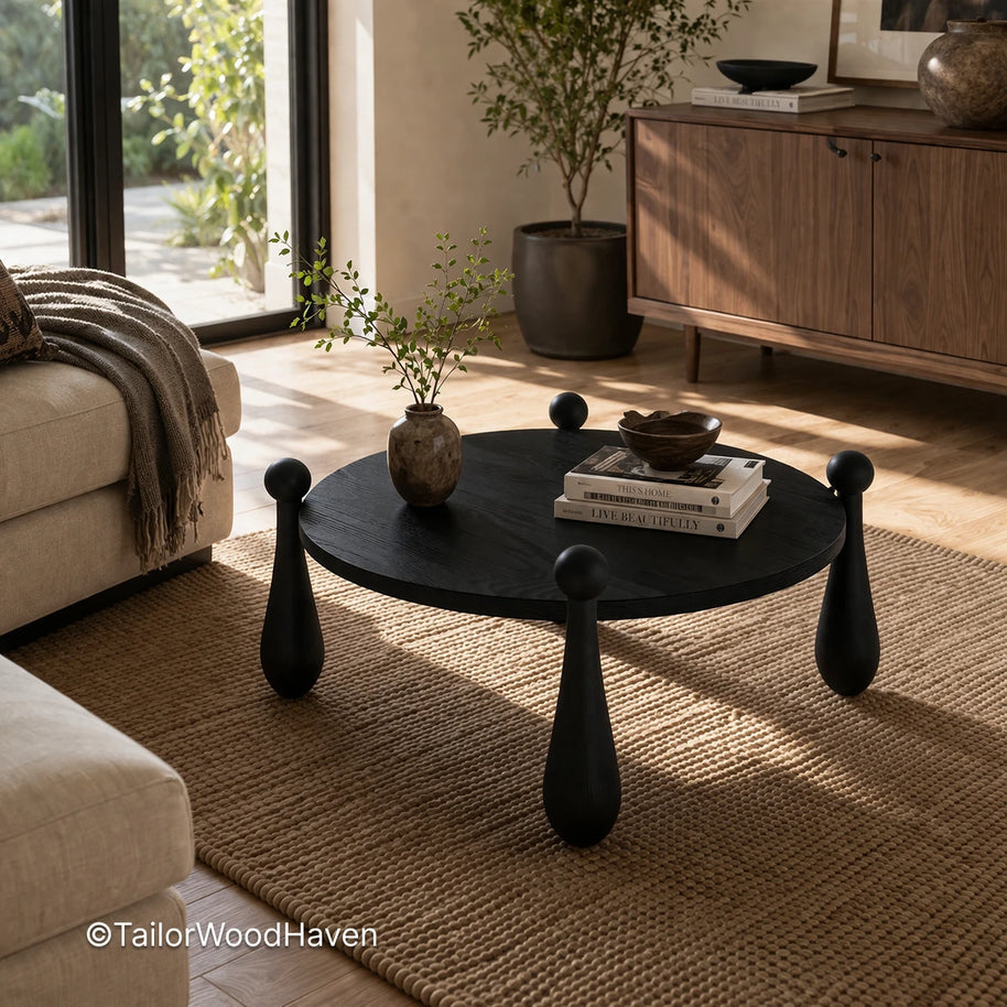 Black round coffee table with smooth surface and solid wood construction