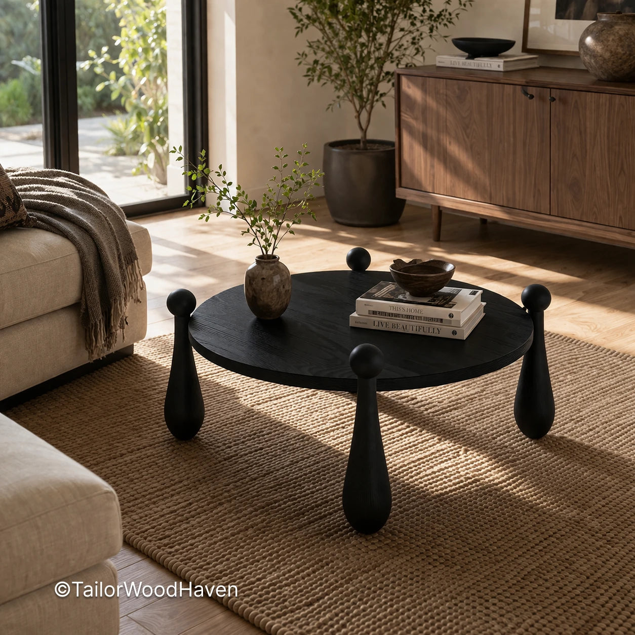 Black round coffee table with smooth surface and solid wood construction