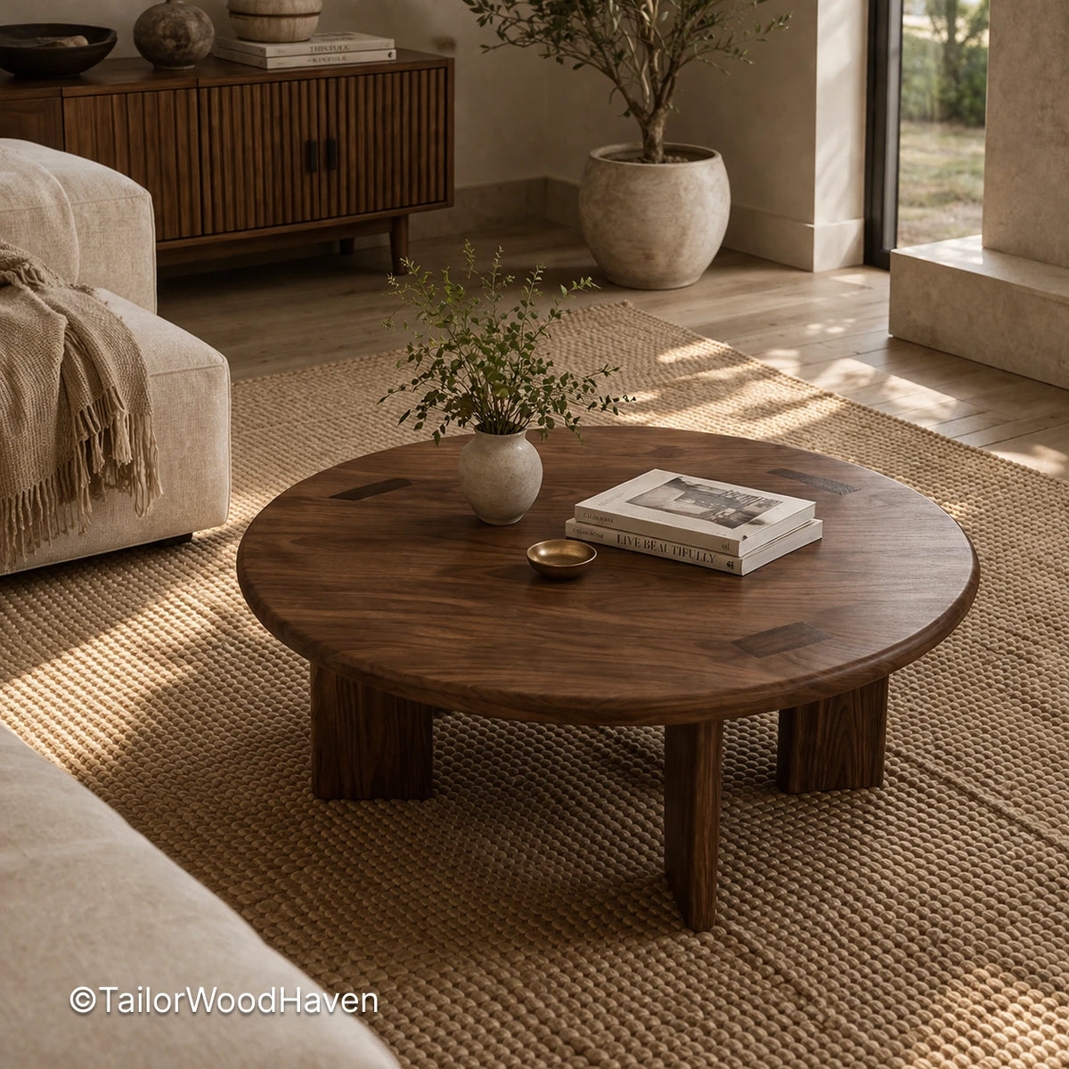 Round coffee table in living room with solid wood construction and natural grain