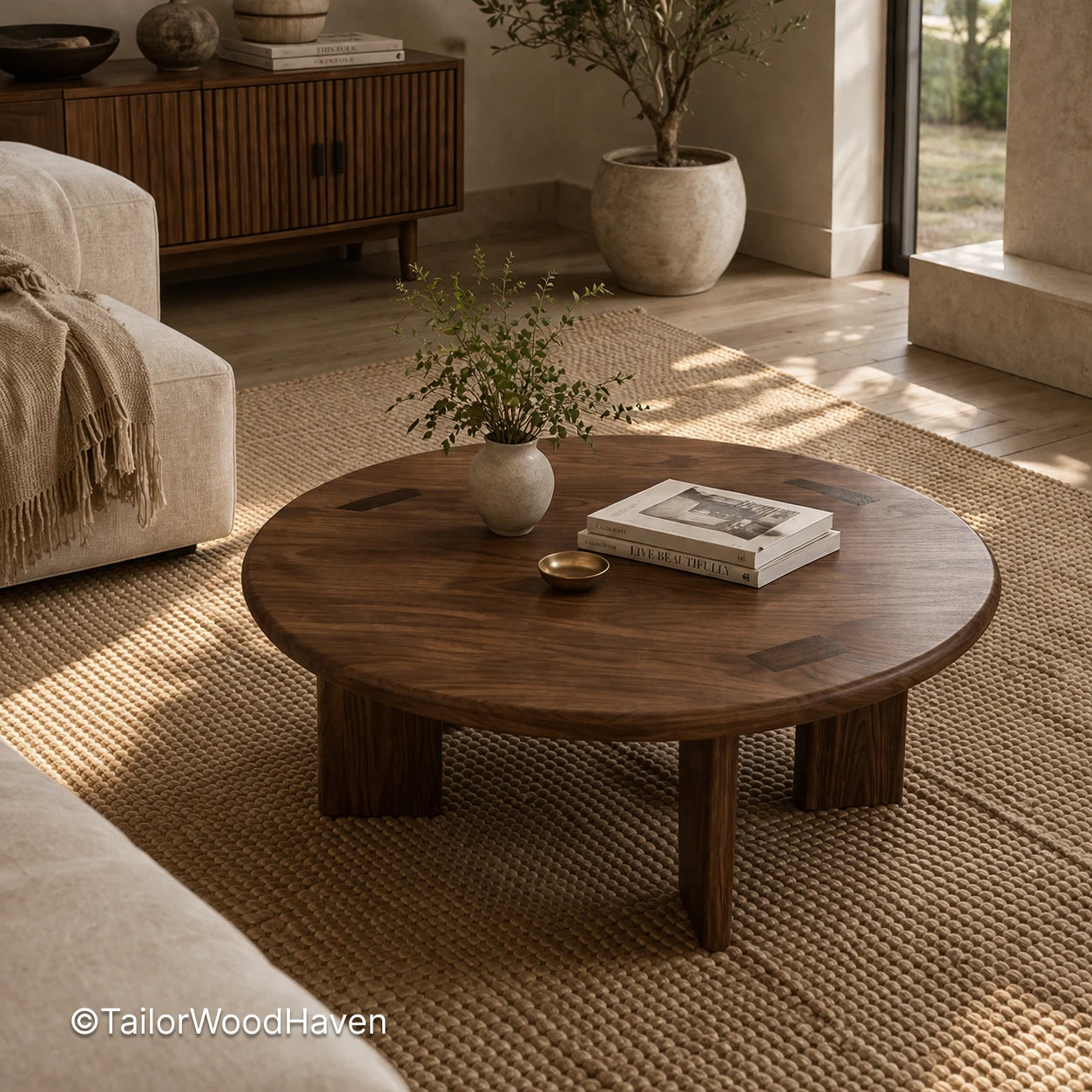 Round coffee table in living room with solid wood construction and natural grain