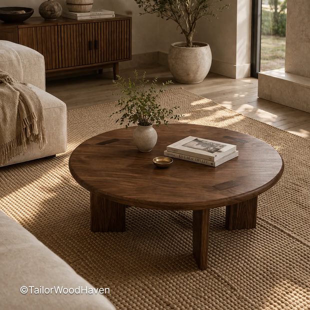 Round coffee table in living room with solid wood construction and natural grain
