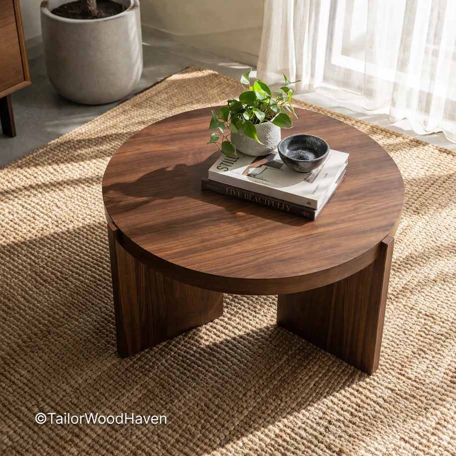 Round solid wood coffee table with clean edges and natural grain detail