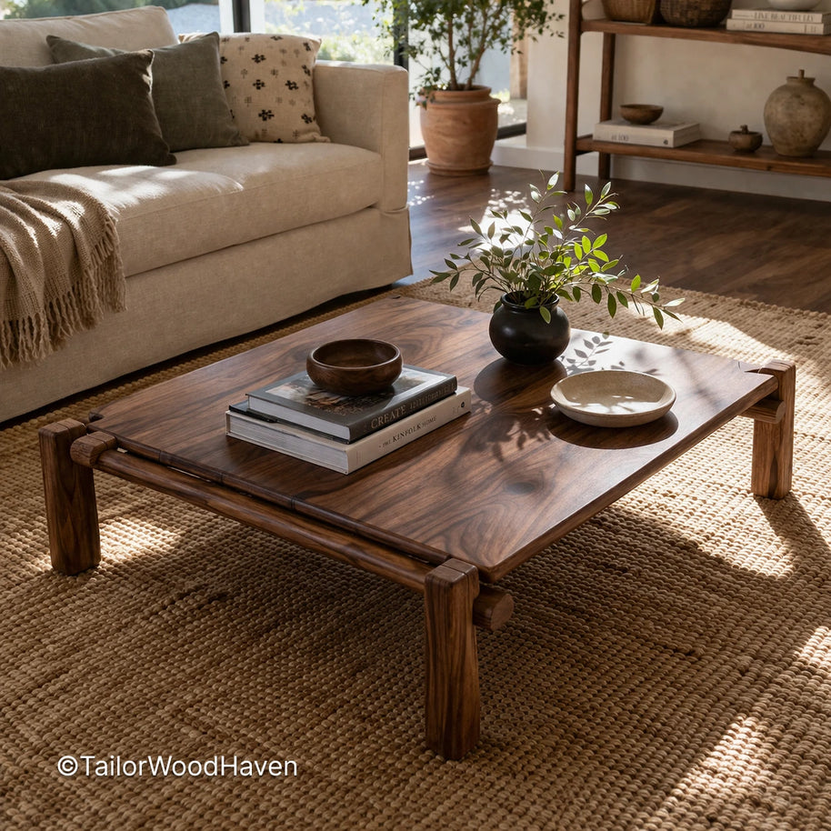Simple large square wood coffee table with stable construction and spacious design