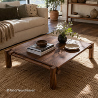 Simple large square wood coffee table with stable construction and spacious design