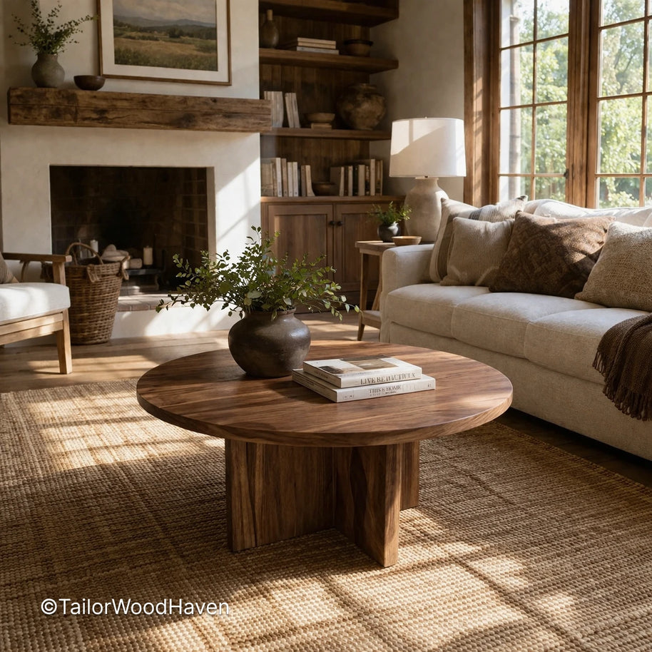 Round farmhouse coffee table with solid wood and natural grain