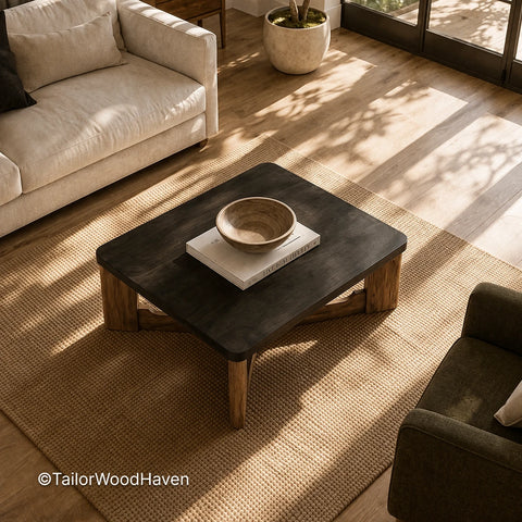 Dark wood square coffee table with smooth surface and solid construction