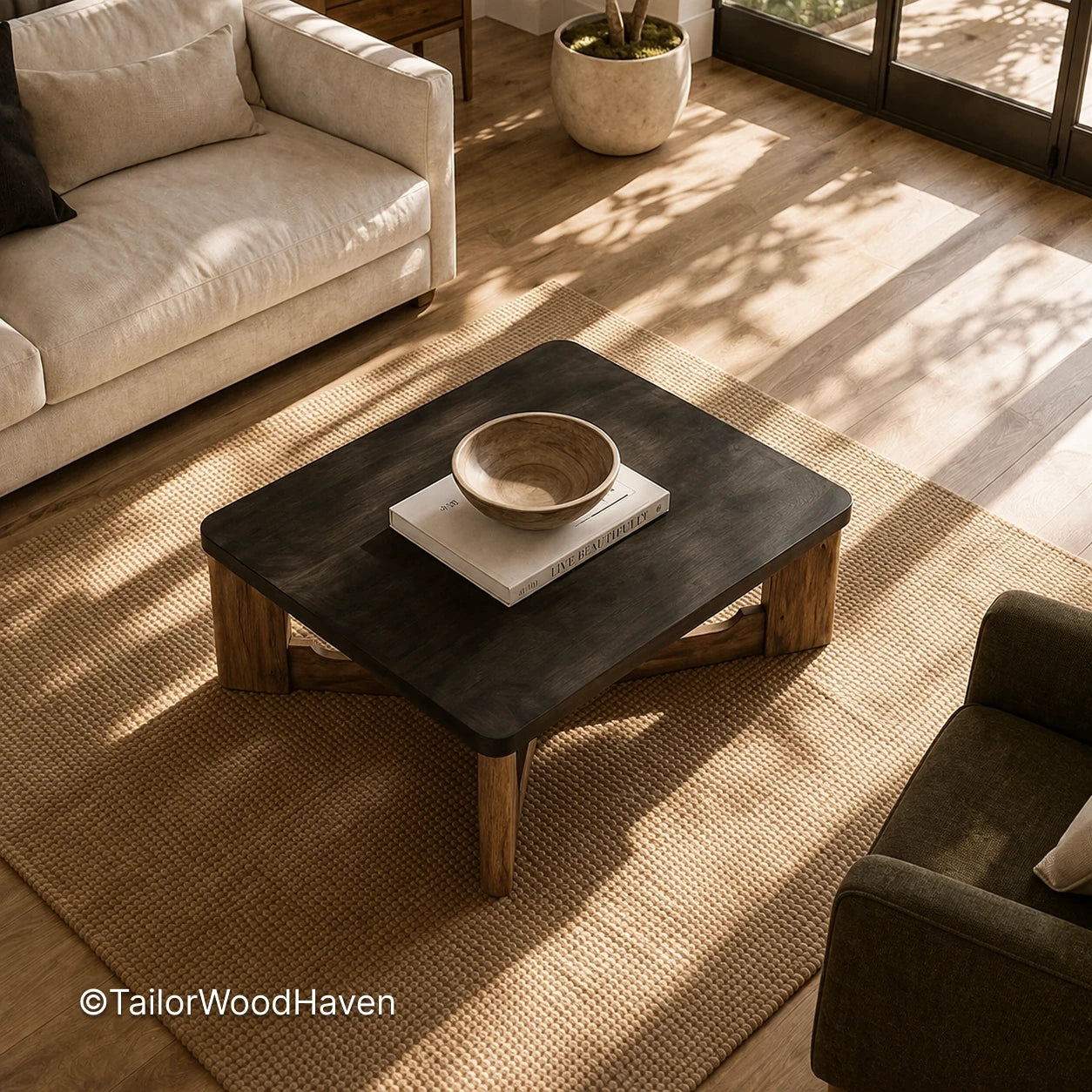 Dark wood square coffee table with smooth surface and solid construction