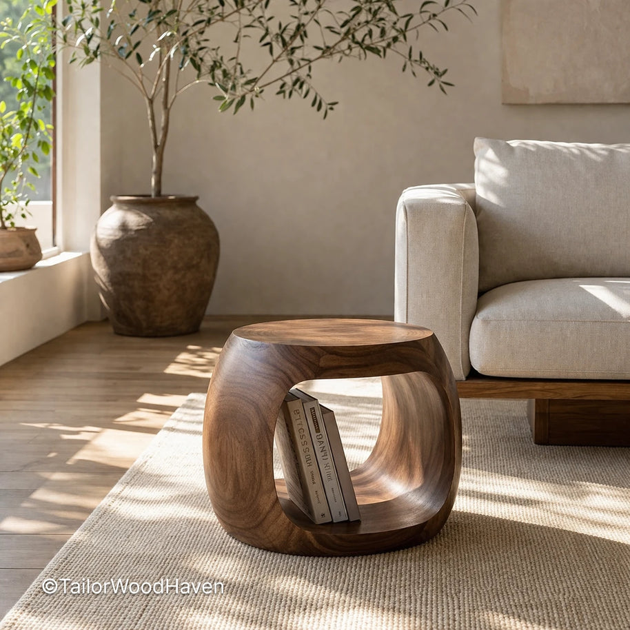 Round coffee table for small spaces with compact design and smooth surface in a cozy living room