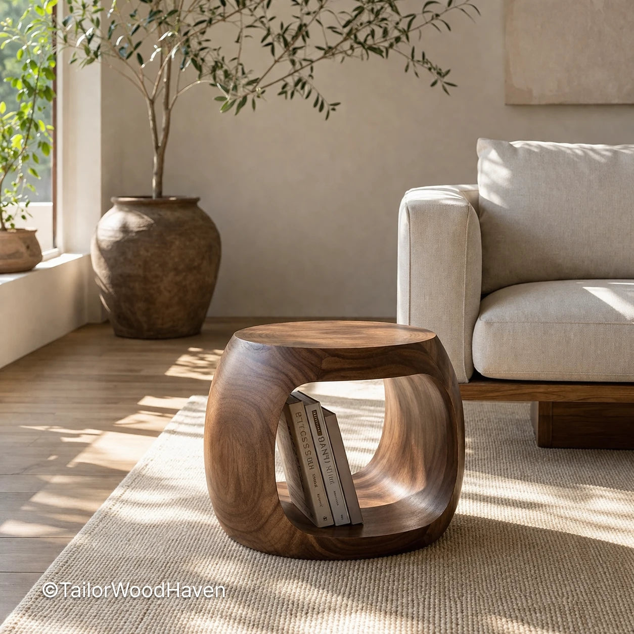 Round coffee table for small spaces with compact design and smooth surface in a cozy living room