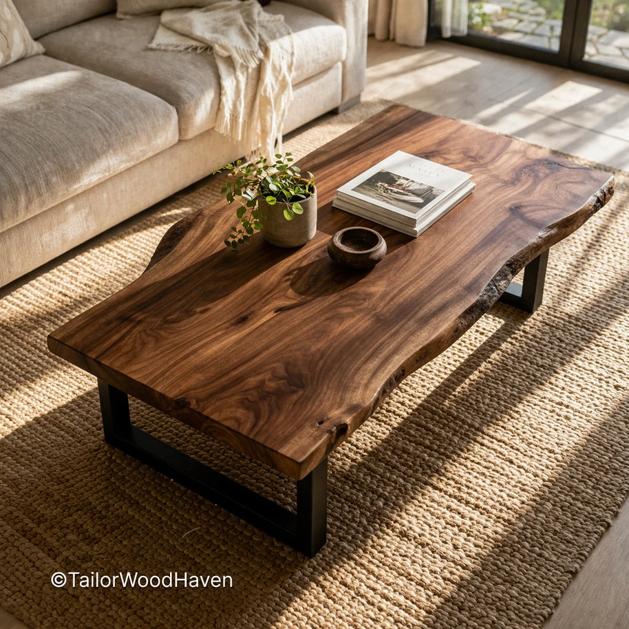 Natural live edge wood coffee table with stable construction and distinctive edges