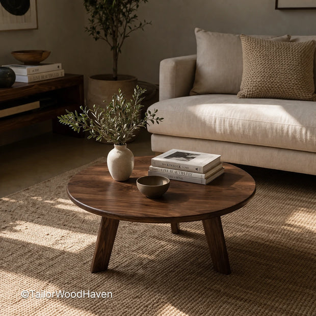 Rustic circle coffee table with natural wood grain and warm design in a cozy living room
