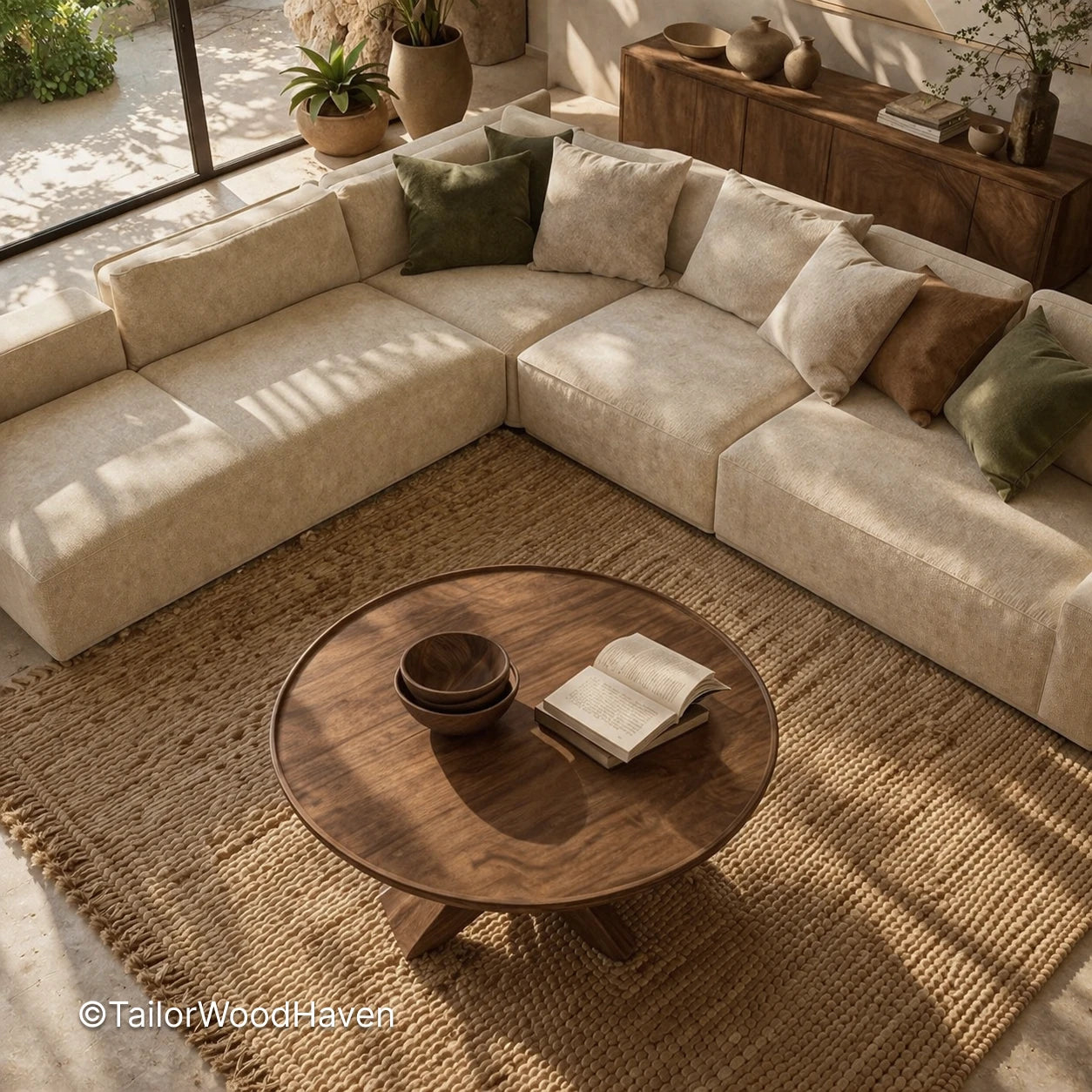 White round coffee table with solid wood construction and smooth surface