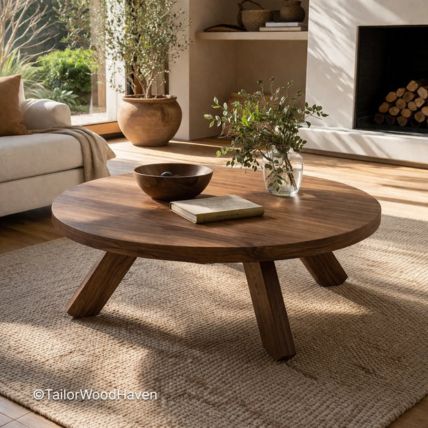 Round solid wood coffee table with clean edges and natural grain detail