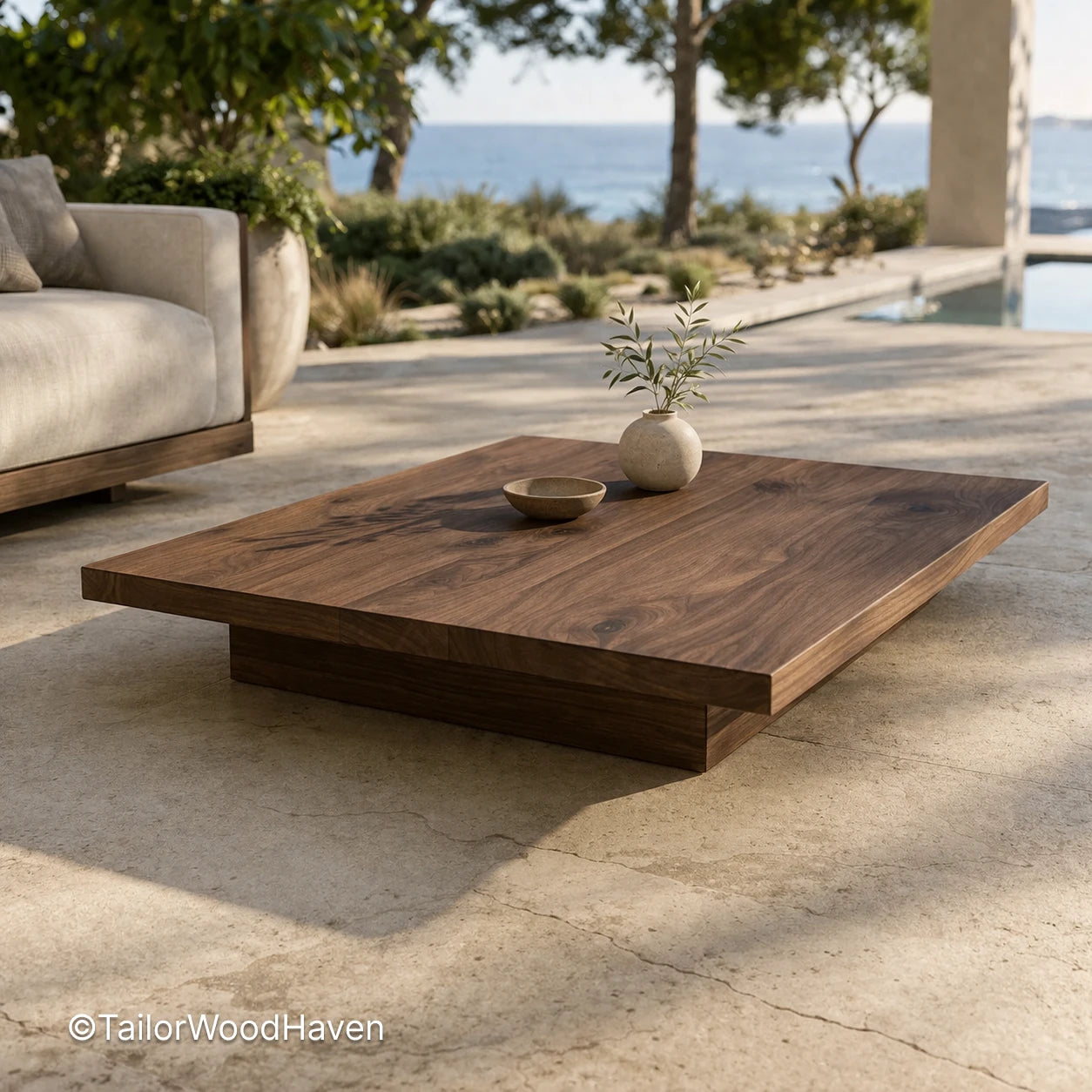 Large solid wood coffee table with wide surface and natural grain detail