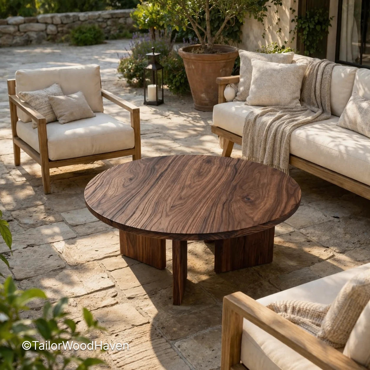 Rustic round coffee table with solid wood and visible natural grain