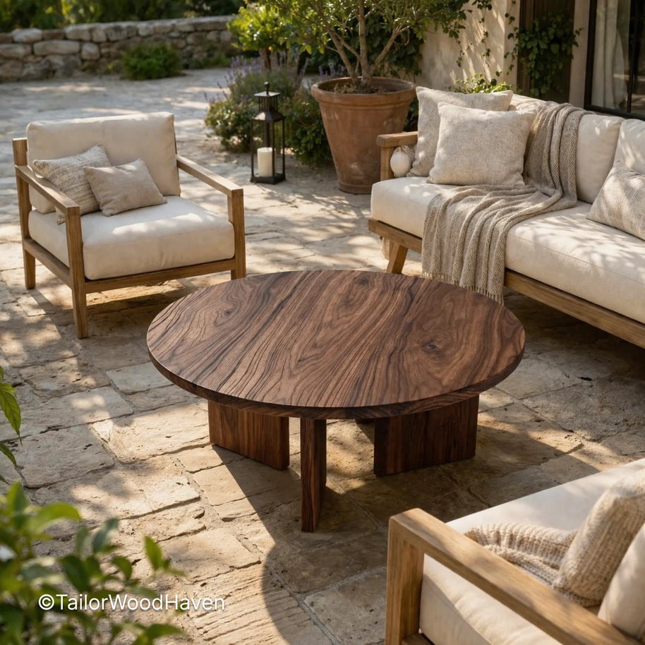 Rustic round coffee table with solid wood and visible natural grain