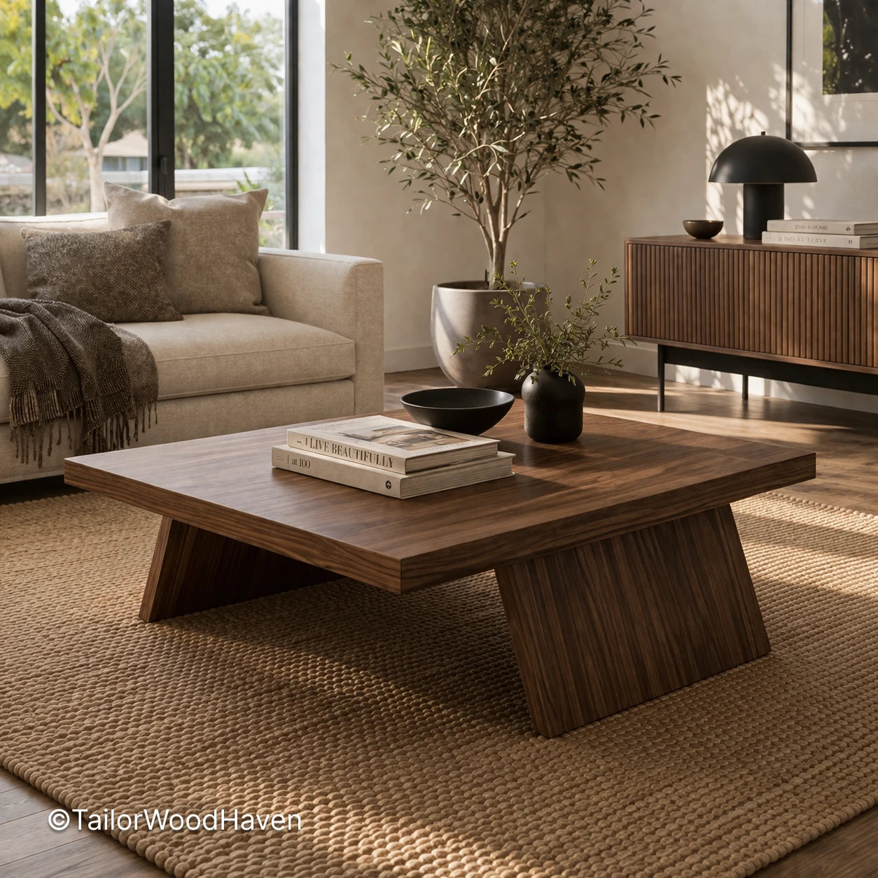 Big rectangular coffee table with wide surface and clean structured design