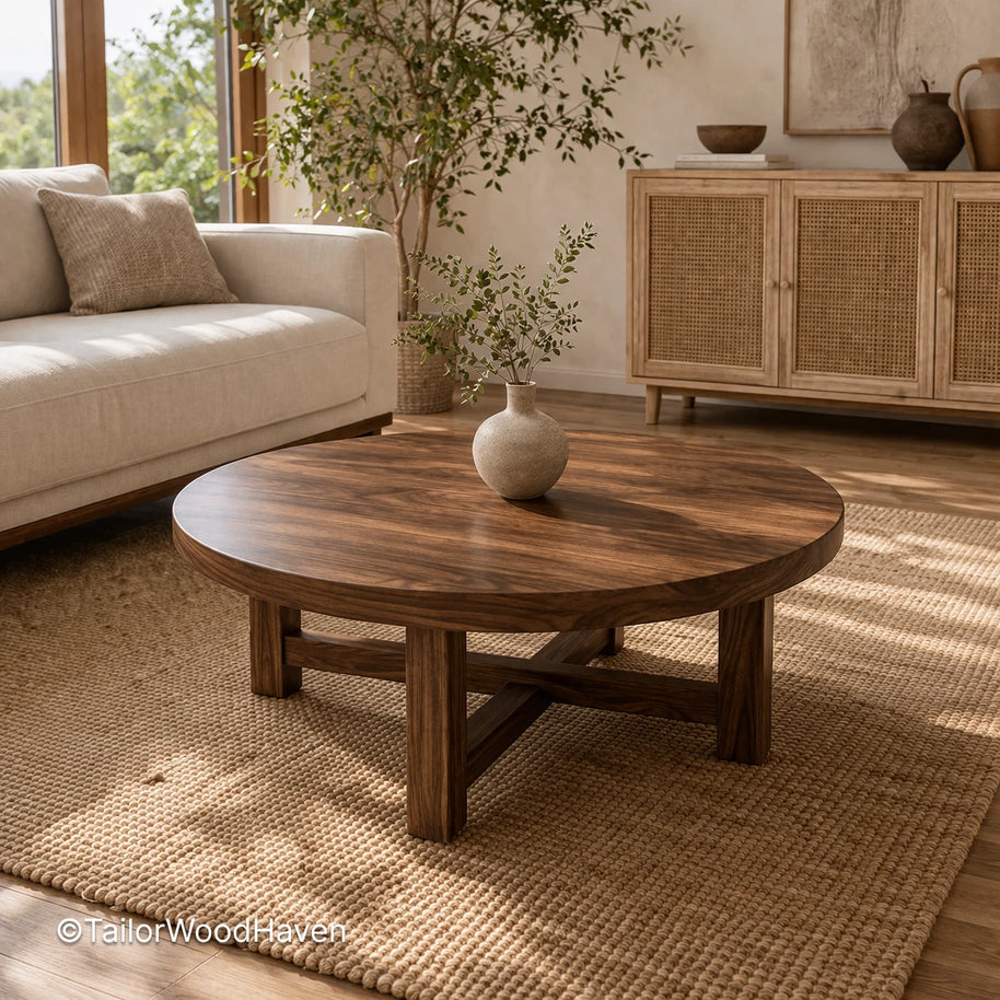 Brown circle coffee table with clean design and smooth surface in a warm living room