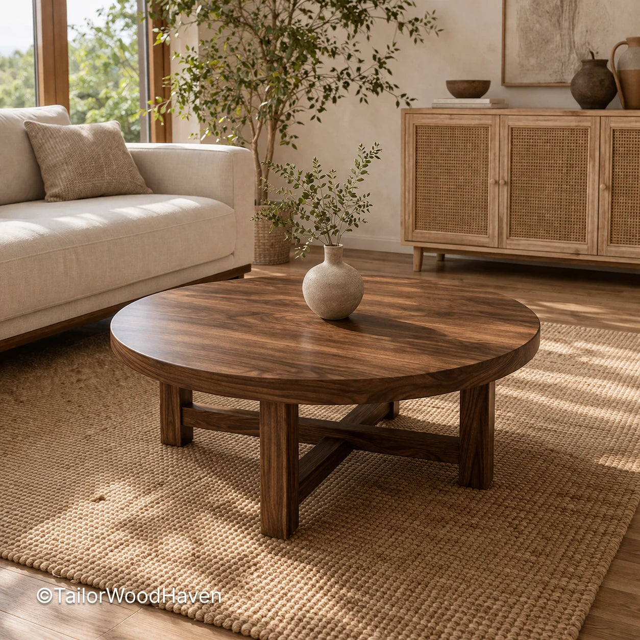 Brown circle coffee table with clean design and smooth surface in a warm living room