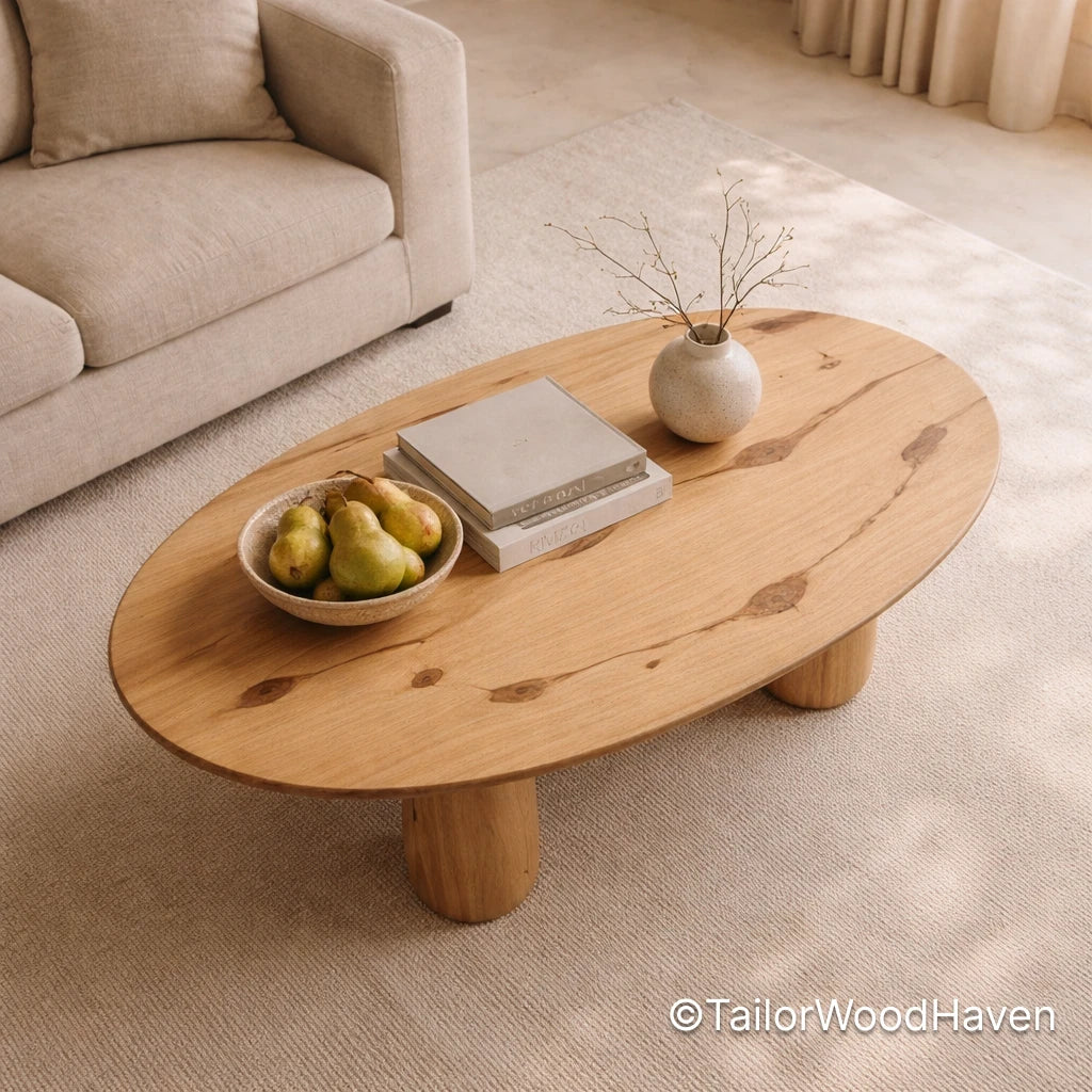 Oval coffee table with gold-toned finish and clean edges