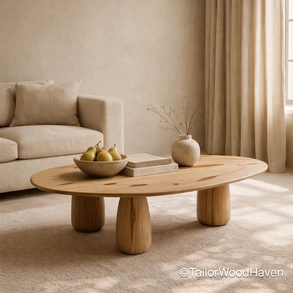 Gold oval coffee table with smooth surface and modern design