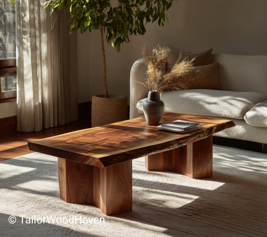 Modern Walnut Live Edge Coffee Table with Sculptural Fluted Bases