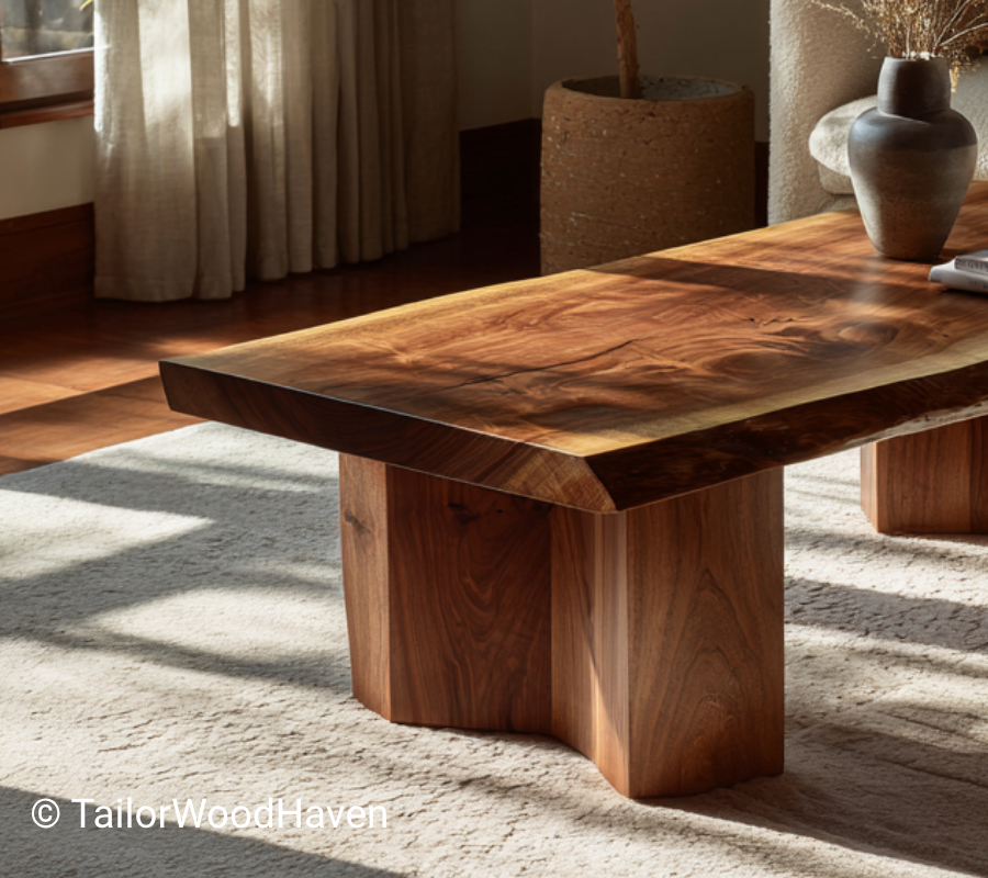 Modern Walnut Live Edge Coffee Table with Sculptural Fluted Bases