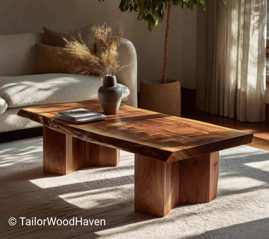 Modern Walnut Live Edge Coffee Table with Sculptural Fluted Bases