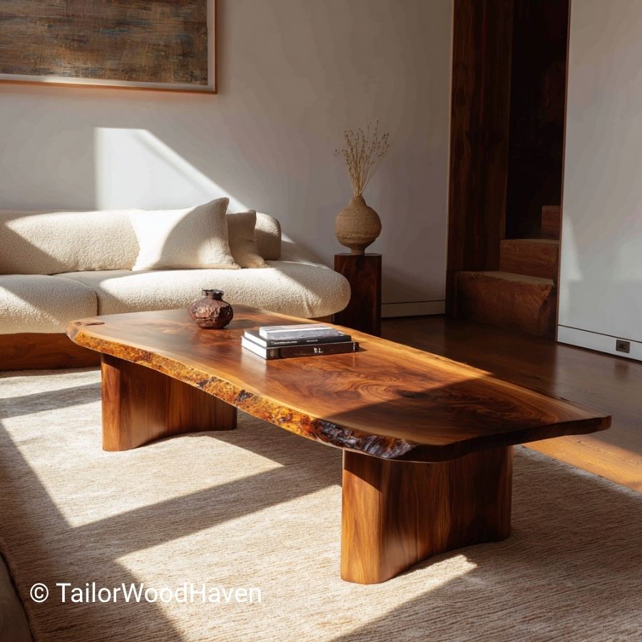 Organic Red Oak Live Edge Coffee Table with Sculptural Archway Bases