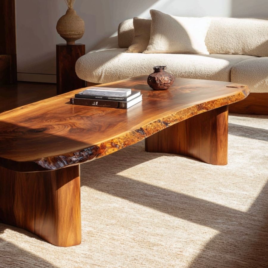 Organic Red Oak Live Edge Coffee Table with Sculptural Archway Bases