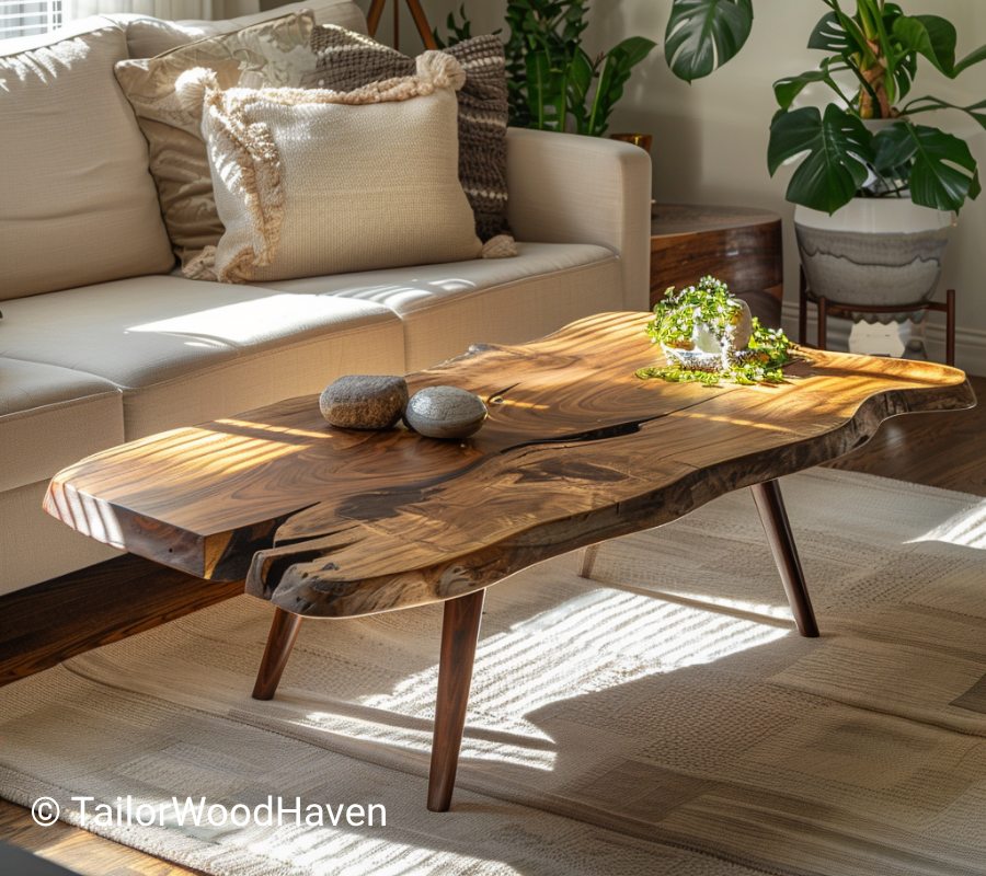 Teak Live Edge Coffee Table with Sleek Tapered Legs