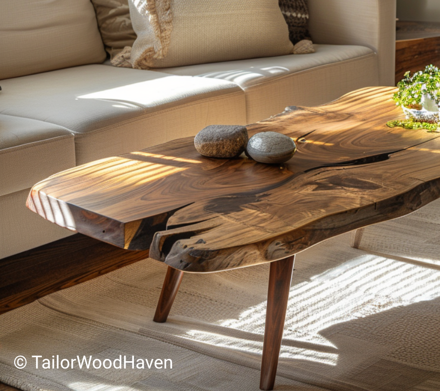 Teak Live Edge Coffee Table with Sleek Tapered Legs