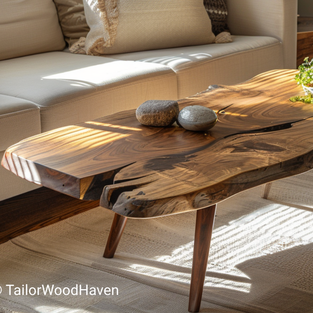 Teak Live Edge Coffee Table with Sleek Tapered Legs