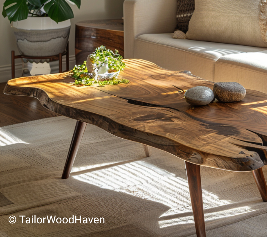 Teak Live Edge Coffee Table with Sleek Tapered Legs