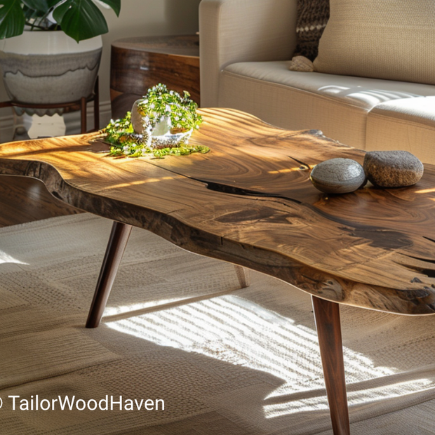 Teak Live Edge Coffee Table with Sleek Tapered Legs