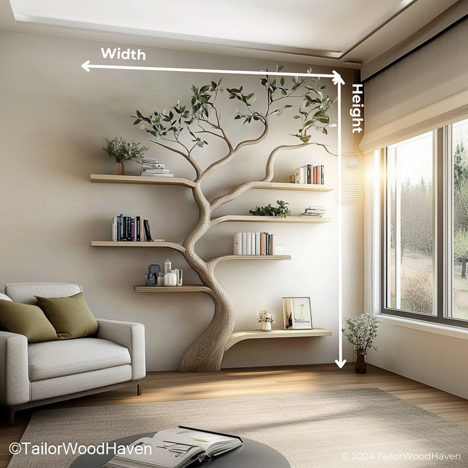 Sculptural Driftwood Tree Bookshelf Artistic Wall Bookshelf Carved from Real Driftwood and Designed Like a Tree