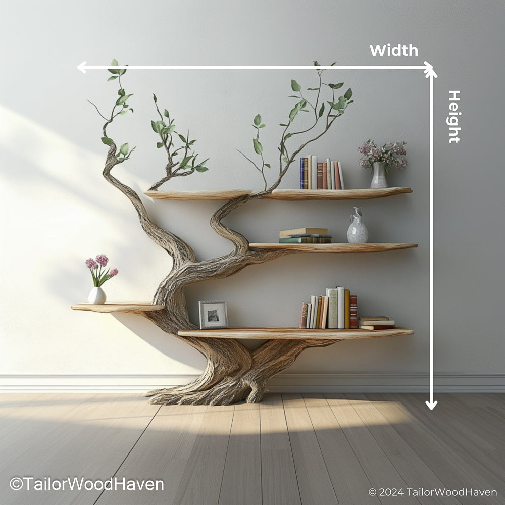 Artisan Tree Style Bookshelf Wooden Wall Mounted Shelf in Unique Tree Design for Rustic and Boho Interiors