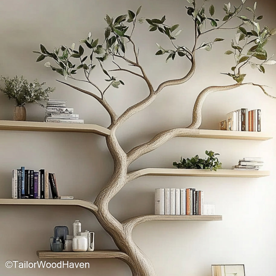 Sculptural Driftwood Tree Bookshelf Artistic Wall Bookshelf Carved from Real Driftwood and Designed Like a Tree