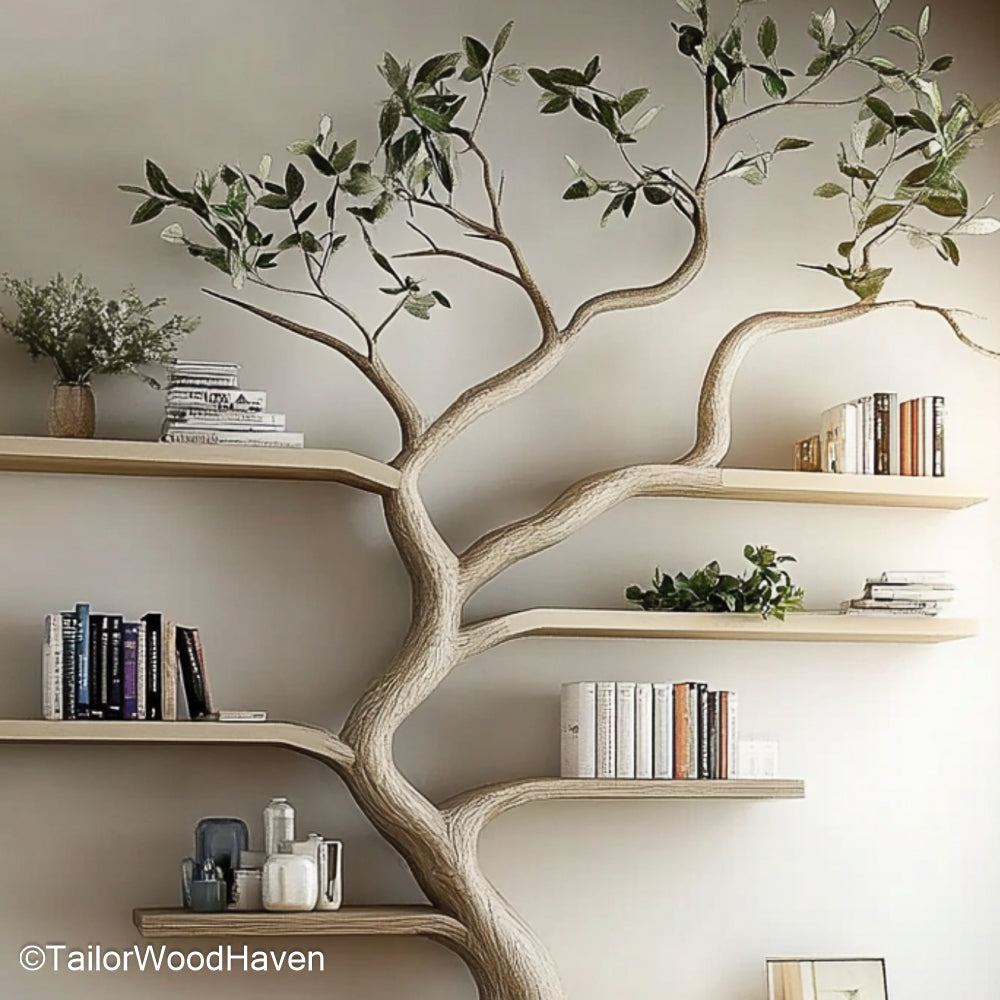 Sculptural Driftwood Tree Bookshelf Artistic Wall Bookshelf Carved from Real Driftwood and Designed Like a Tree