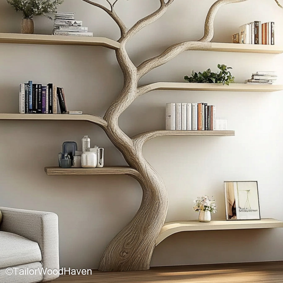 Sculptural Driftwood Tree Bookshelf Artistic Wall Bookshelf Carved from Real Driftwood and Designed Like a Tree