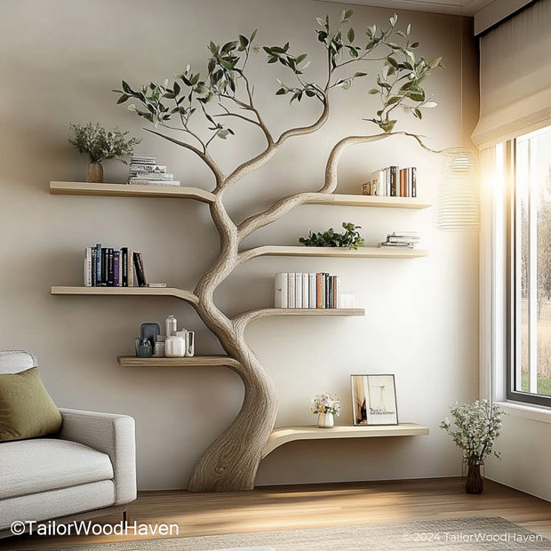 Sculptural Driftwood Tree Bookshelf Artistic Wall Bookshelf Carved from Real Driftwood and Designed Like a Tree